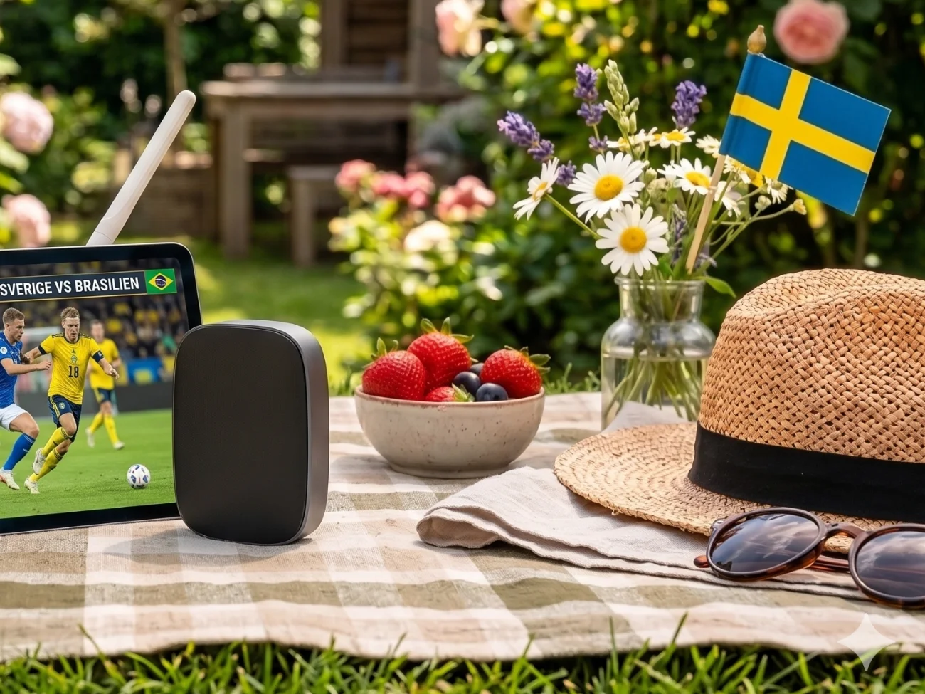 Läsplatta med fotbollsmatch under sommarpicnic