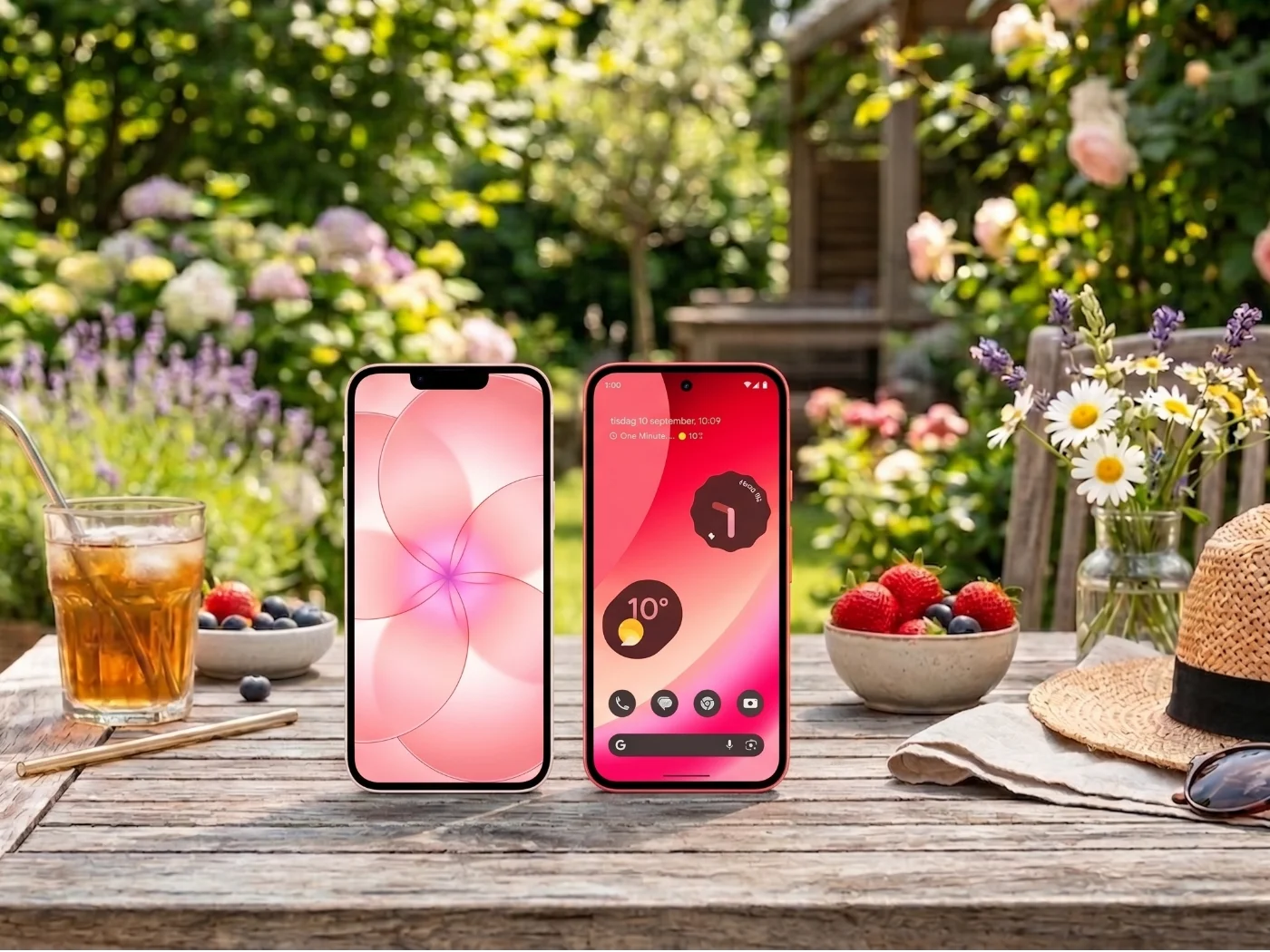 Apple iPhone 17e och Google Pixel 10a på ett bord som är sommardukat