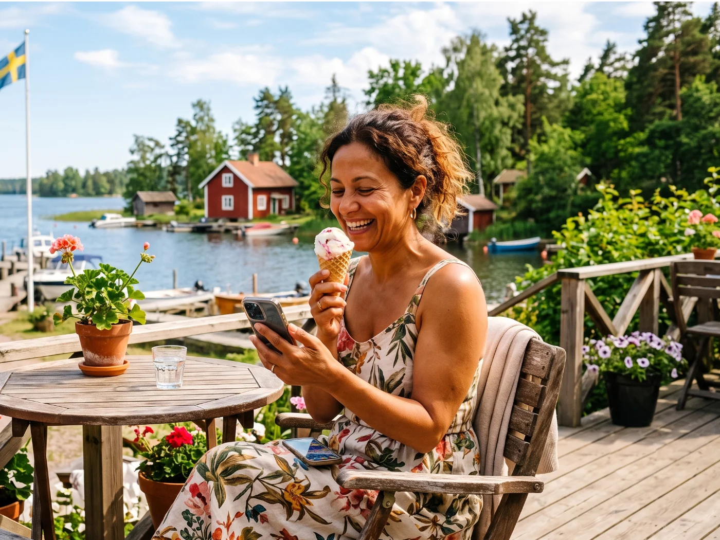 Kvinna äter glass utomhus på sommaren och tittar på sin mobil
