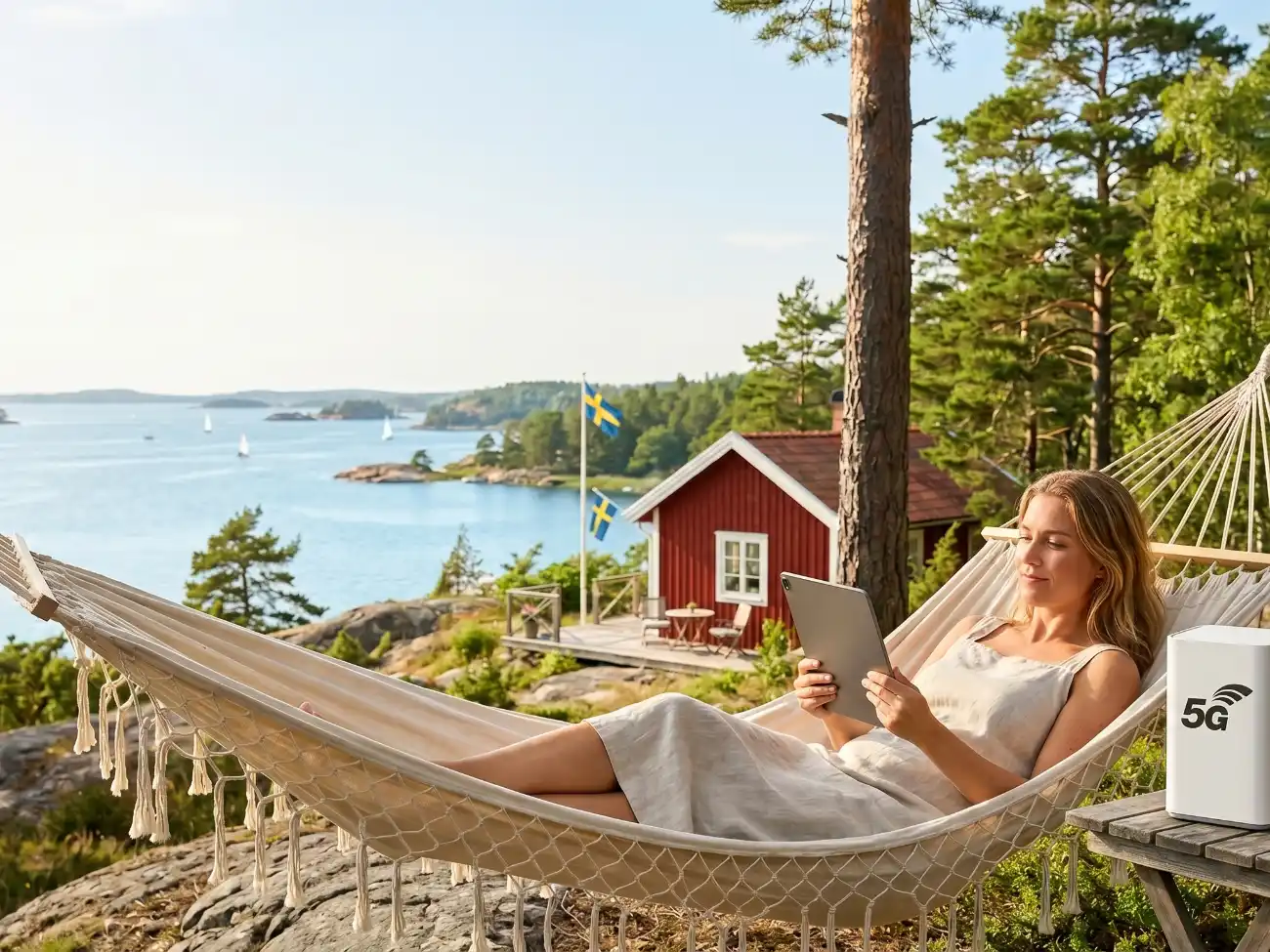 Kvinna i hängmatta vid stuga i skärgården, håller i en surfplatta och surfar med mobilt bredband