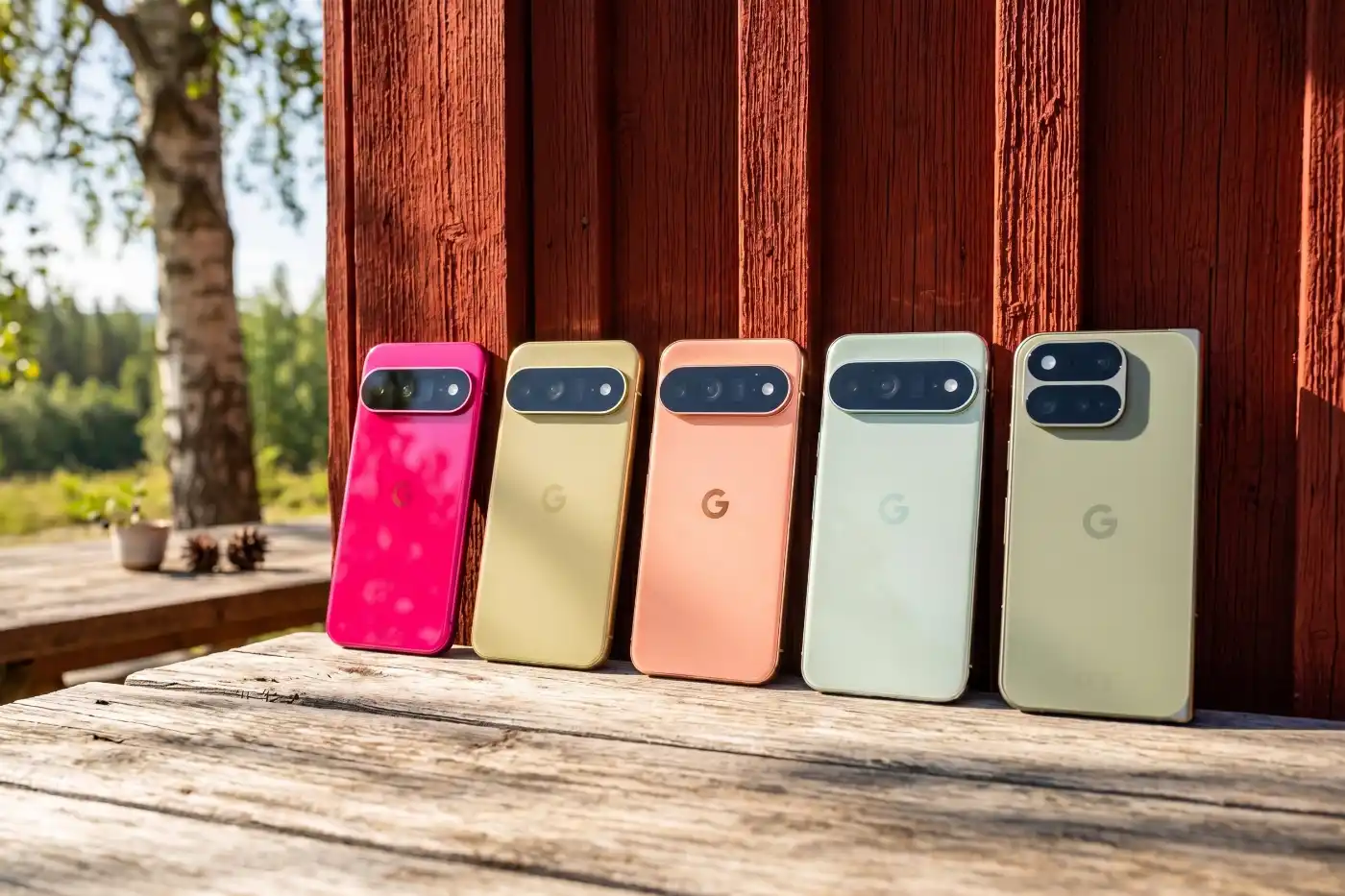 Google Pixel 11 serien uppställd på ett träbord mot en röd vägg.