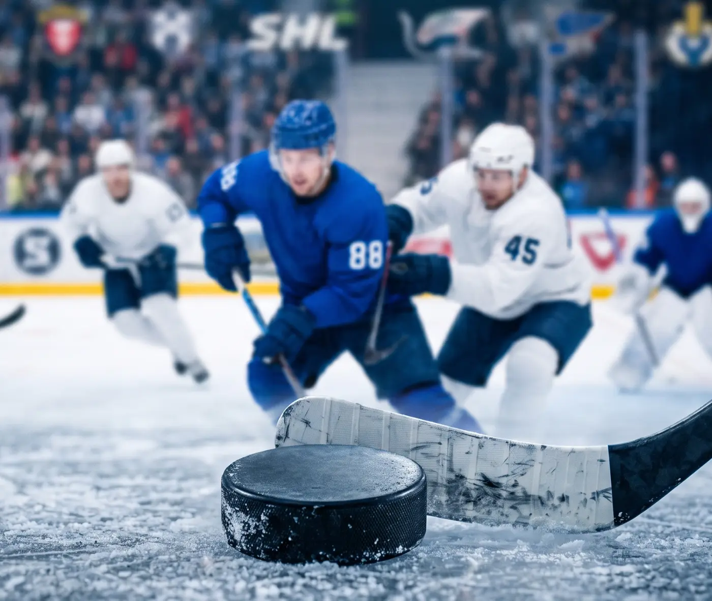 Klubba med puck i förgrunden med hockey-spelare i bakgrunden