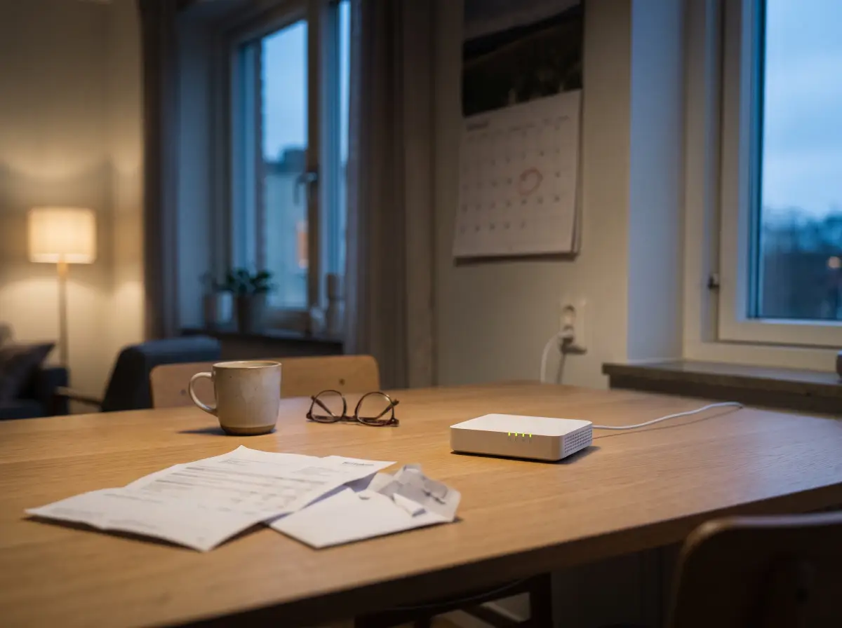 Öppnad räkning och kuvert på ett köksbord en höstkväll, bredvid en vit fiberrouter, en kaffekopp och ett par glasögon. På väggen hänger en almanacka med ett datum inringat i rött.