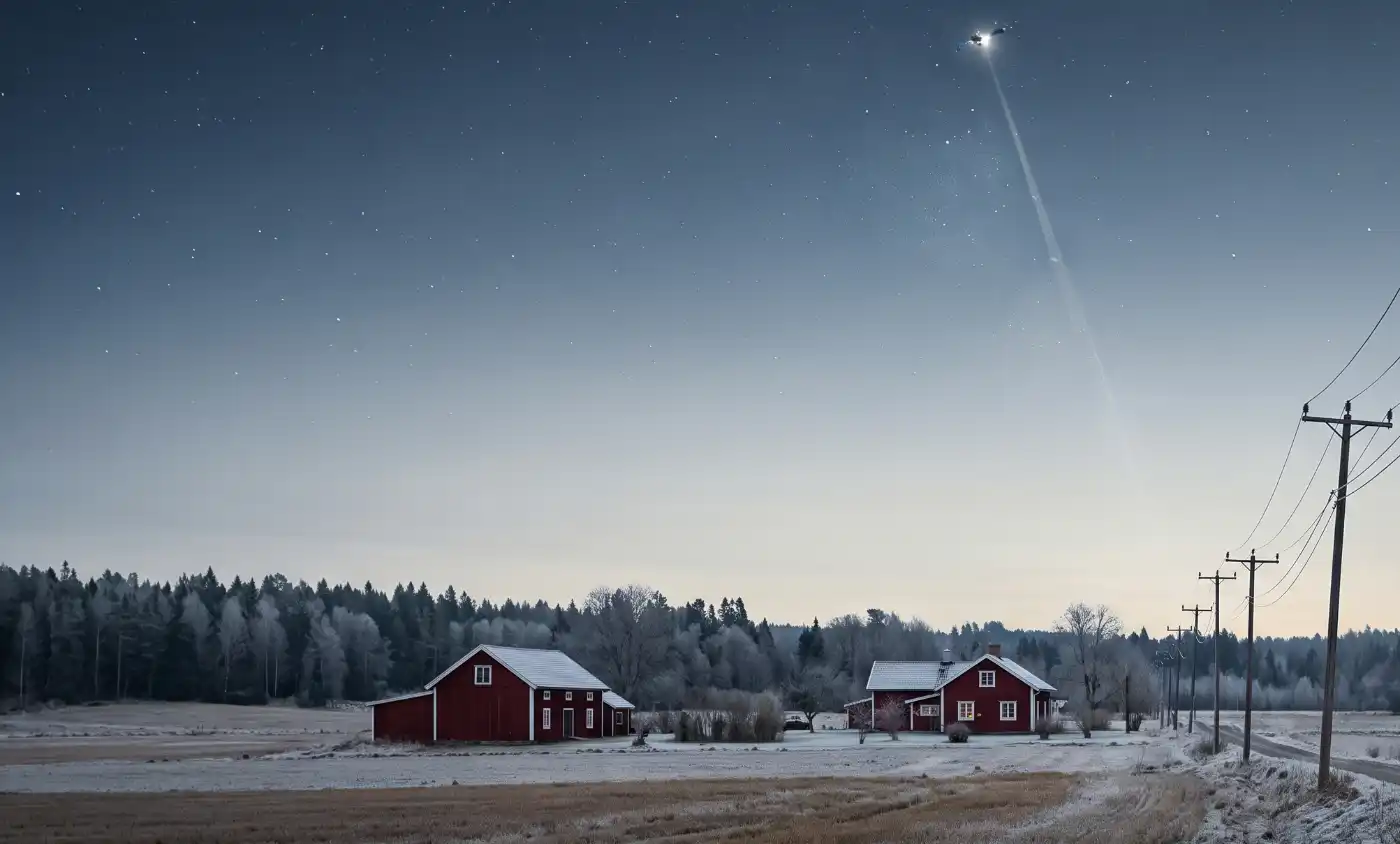 Lantligt vinterlandskap med satellit på himlen